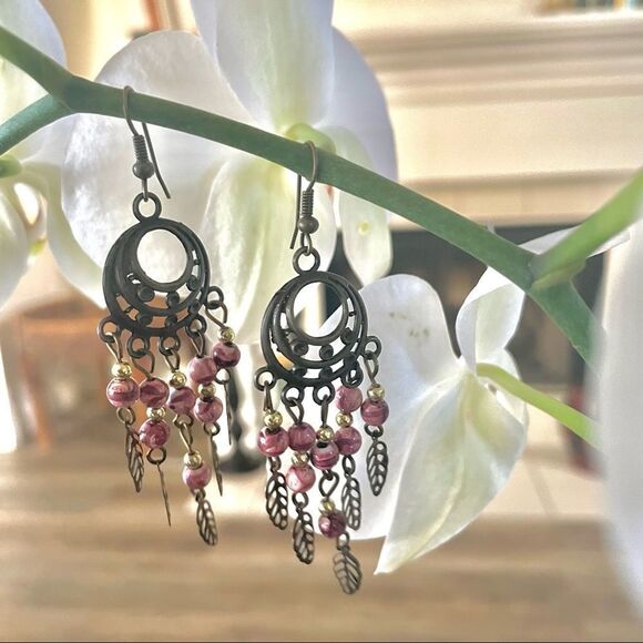 Drop earrings with pink beads - Picture 6 of 14